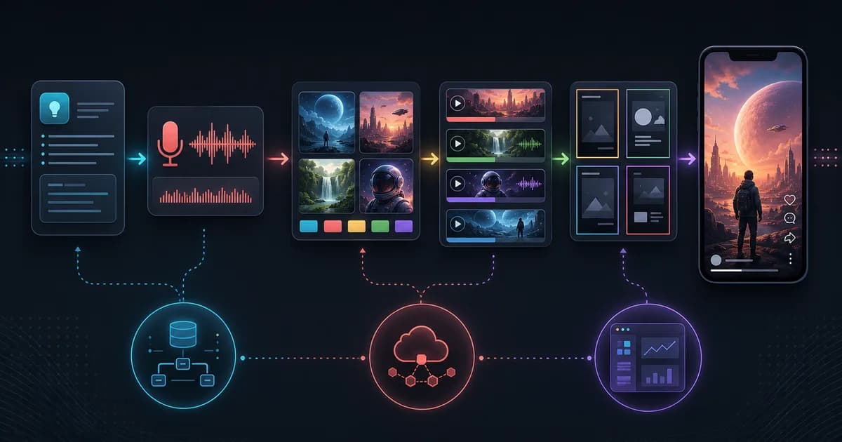 Pixelle-Video guide hero showing an automated AI short-video pipeline from script to voice, visuals, templates, and rendered video