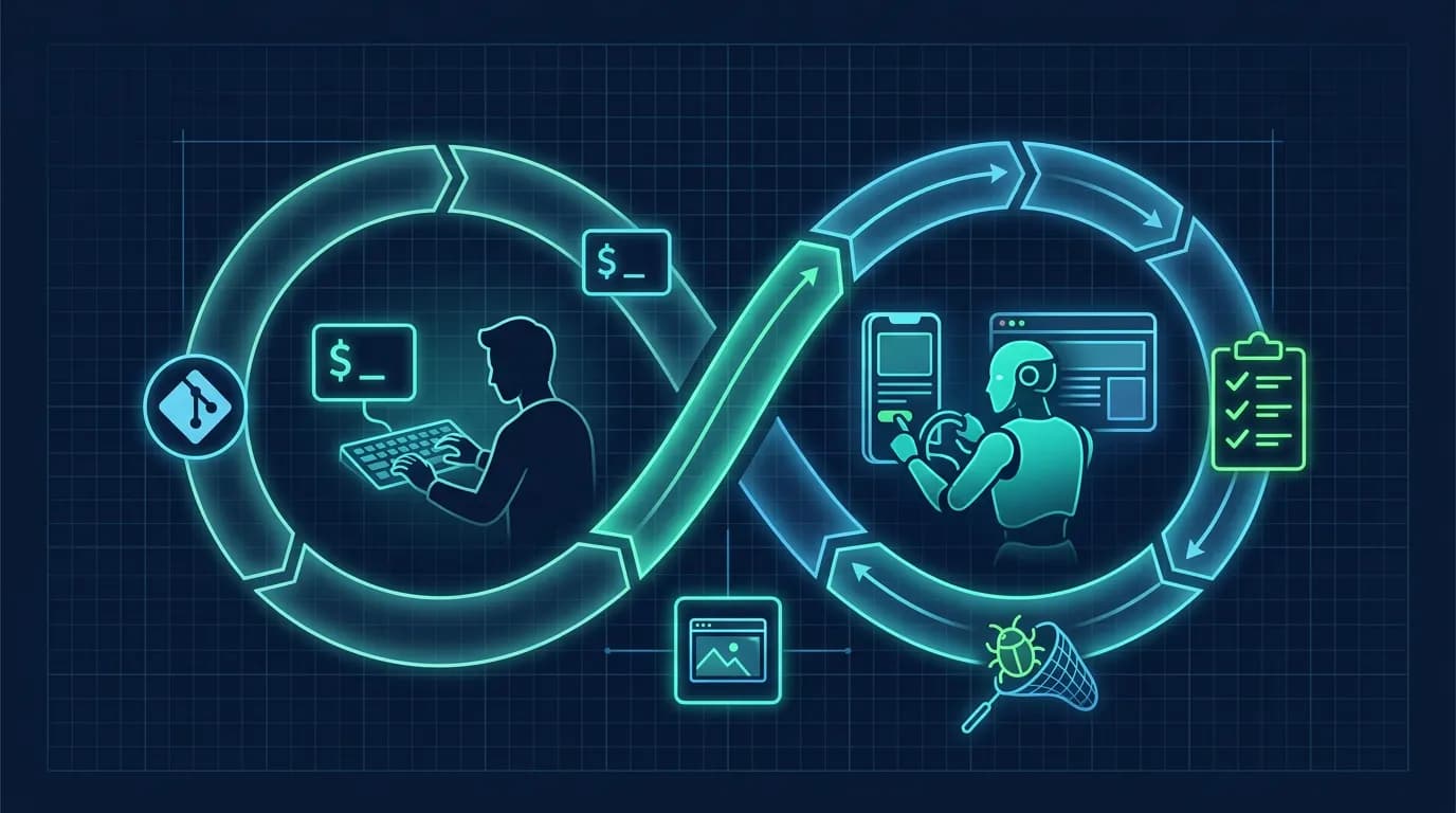 Illustration of a QA loop: a code commit, an AI agent driving a phone and a browser, passing tests with green checkmarks, looping back to code