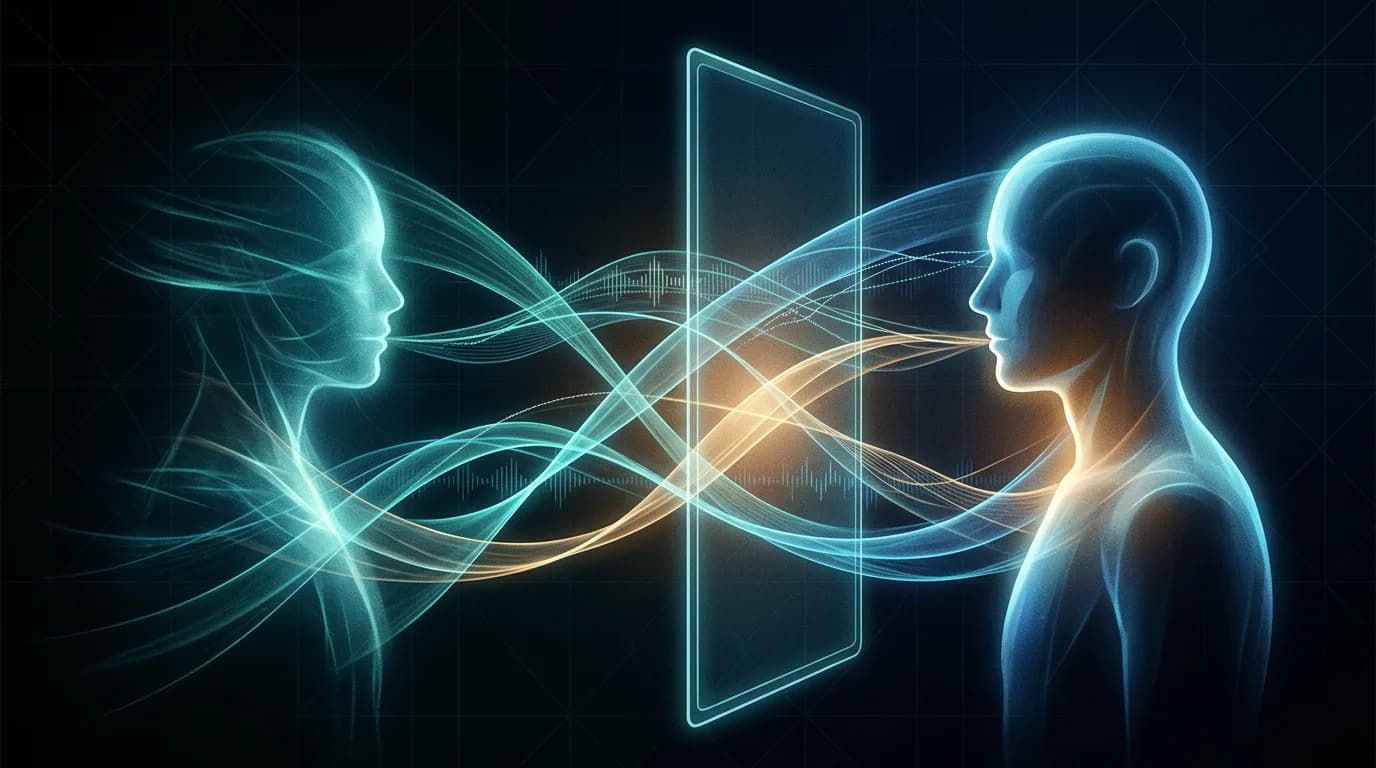 Tavus Griffin hero art showing two human silhouettes facing each other across a luminous video-call frame