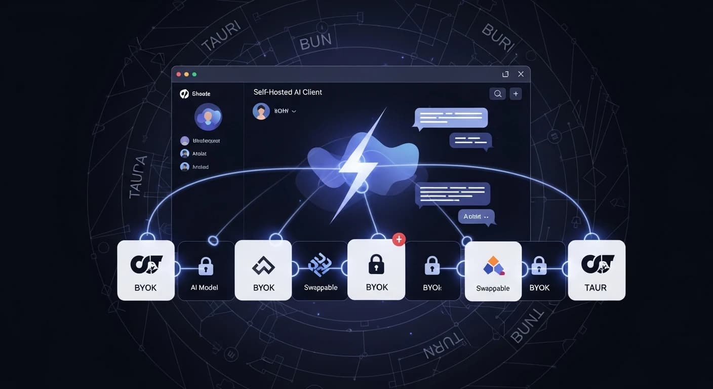 Editorial hero illustration for Thunderbolt — a self-hosted desktop AI client window connected to multiple swappable model provider icons with a lightning bolt accent
