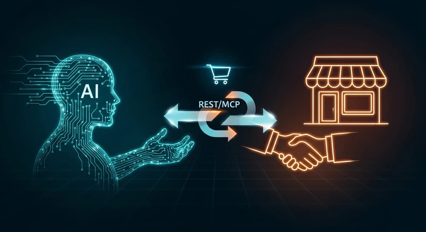 Editorial hero illustration for UCP Universal Commerce Protocol — abstract circuits and a glowing handshake between AI agent and merchant storefront on a dark background