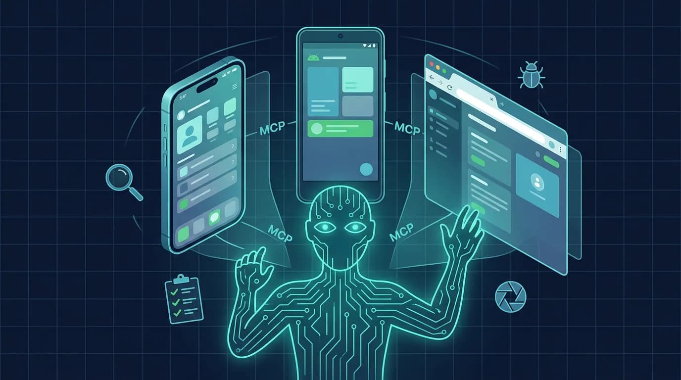 Illustration of an AI agent inspecting iOS, Android, and web app screens with QA icons: a magnifying glass, checkmarks, a bug, and a screenshot shutter