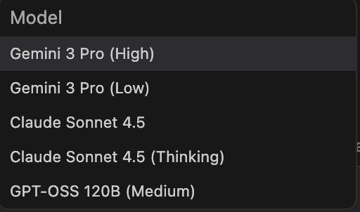 Antigravity AI model selection - Choose between Gemini 3.1 Pro, Claude Sonnet 4.6, and GPT-OSS for agent intelligence