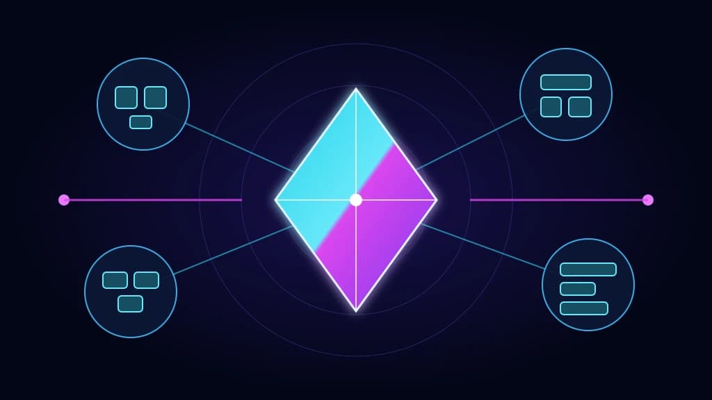 Abstract cyan and magenta kite linked to semantic page blocks inside four isolated runtime circles