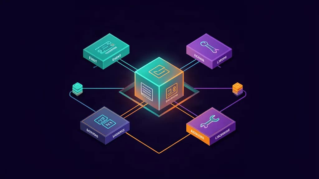 Abstract modular plugin cube surrounded by tool, event, schema, lifecycle and approval components