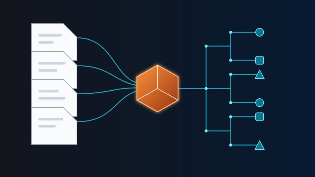 Four blank source documents flowing through an orange local parser into one structured document tree