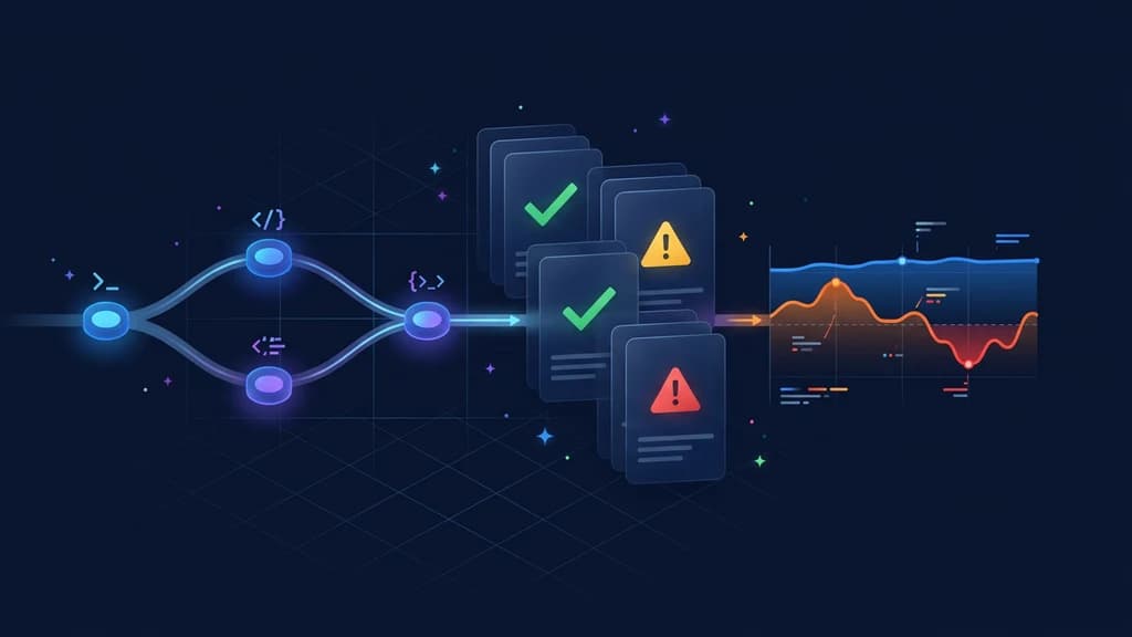 Agent execution trace passing through adaptive rubric verdict cards into a production quality and drift monitoring chart