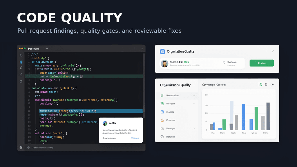 AgentPedia illustration of code review, an Autofix suggestion, and an organization quality dashboard