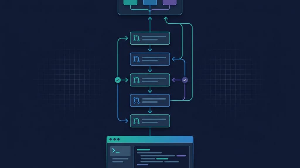 Three dependency-ordered pull requests flowing toward a protected main branch through checks and a merge queue