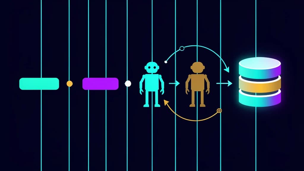Textless workflow lanes showing two agent workers, dependency arrows, retry loops, and durable database storage