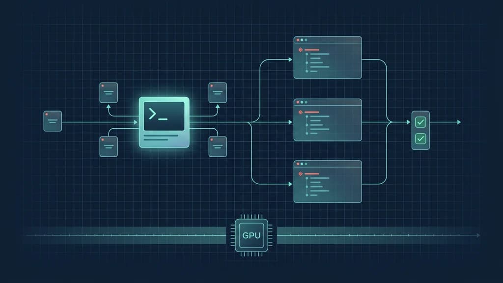 Conceptual diagram of a terminal agent coordinating persistent background agents before validation