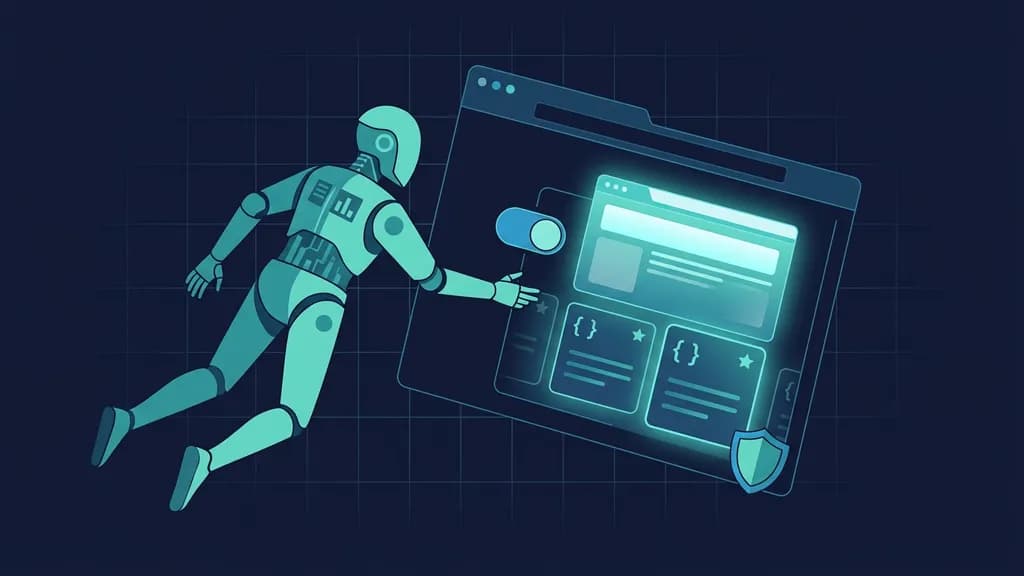 Conceptual illustration of a website exposing structured tools that a browser AI agent can discover and call, with a human approval boundary