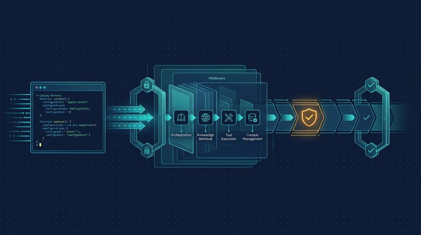 Editorial diagram of a coding harness feeding into an agent framework pipeline with permission gates and approval checkpoints