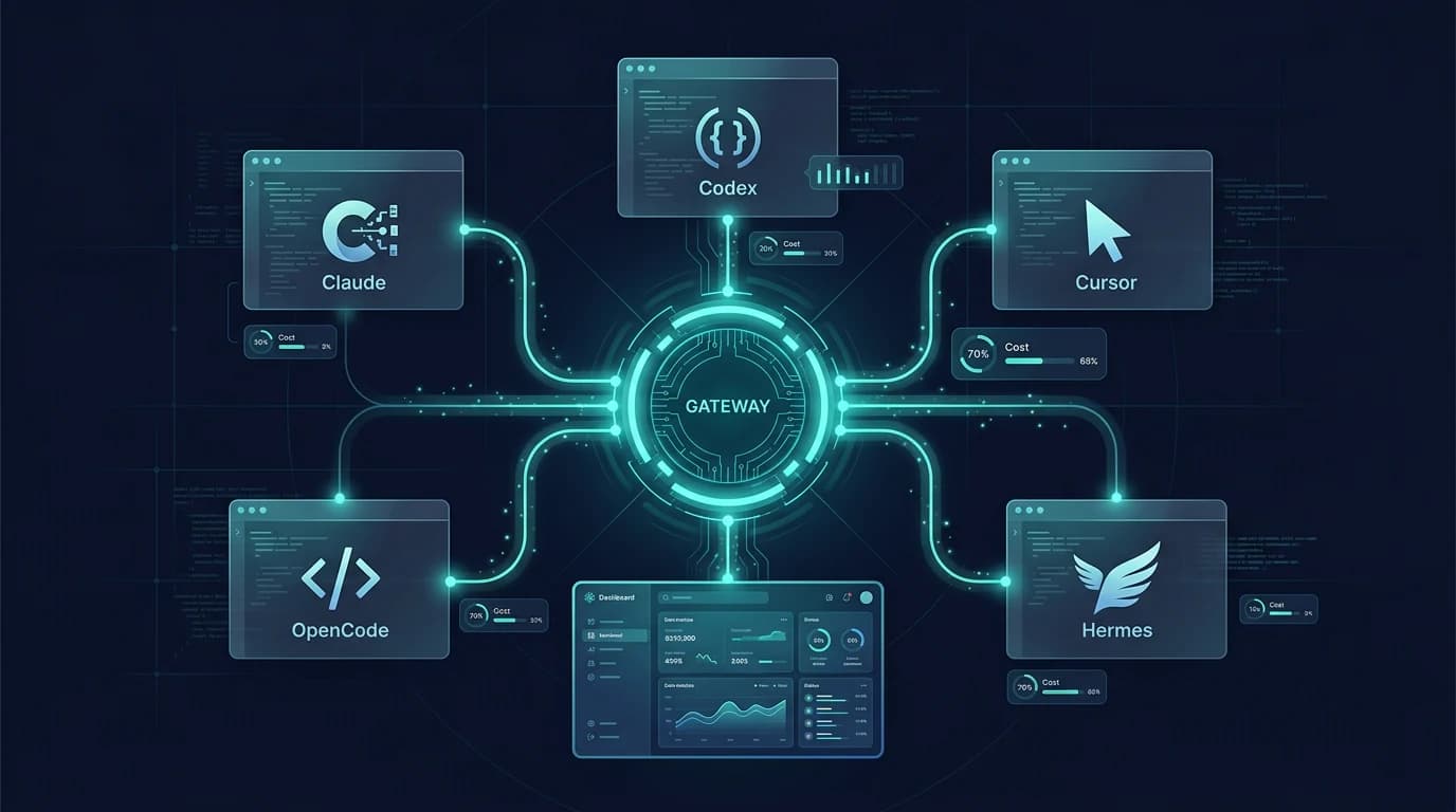 Editorial diagram of a gateway node routing terminal and IDE coding agents through one unified dashboard