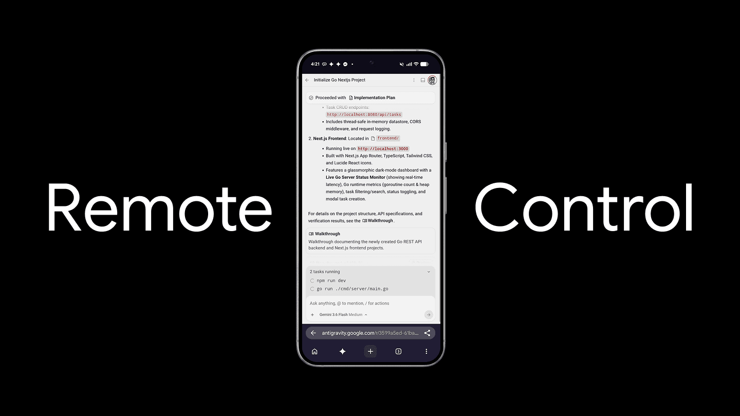 Google Antigravity 官方 Remote Control 发布图片：手机浏览器中显示 Antigravity 会话，两侧为“Remote Control”字样。