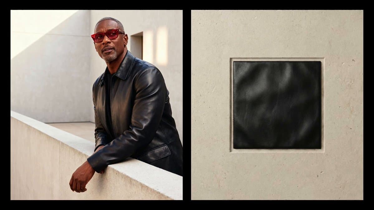 Stylish Man Leather Jacket Red Sunglasses & Material - Fashion Photography AI prompt