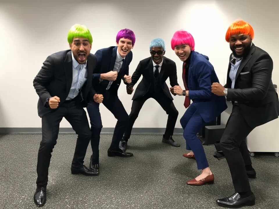Playful Business Portrait: Men in Suits & Bright Wigs - Portrait Photography AI prompt