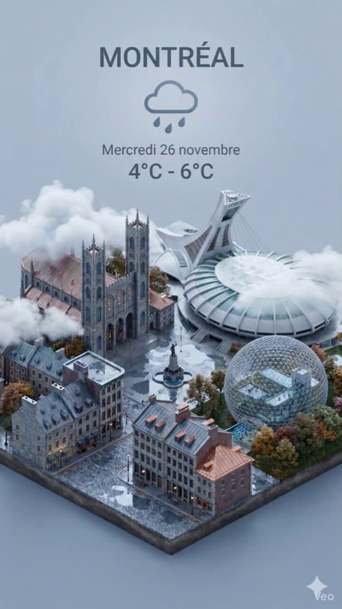 3D Isometric Montreal Cityscape Art - Rainy Weather Forecast - 3d Miniatures AI prompt