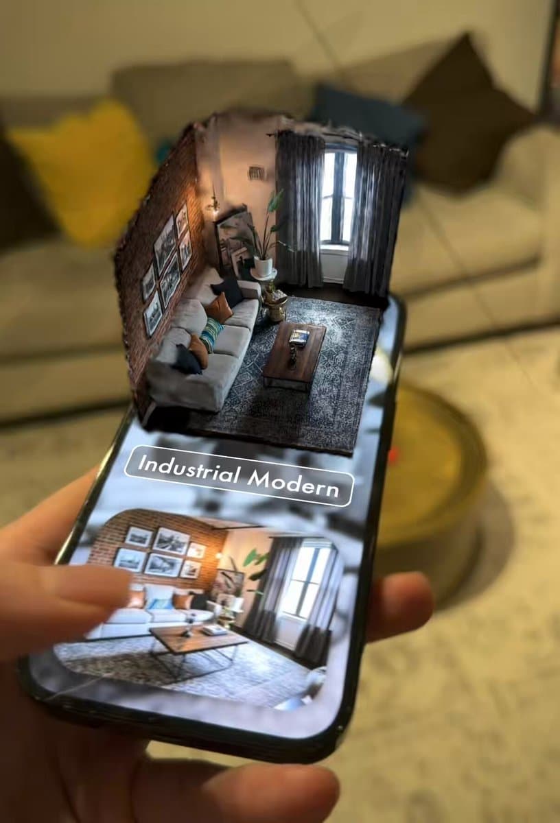 AR Interior Design: Industrial Modern Living Room on Phone - Architecture Interiors AI prompt