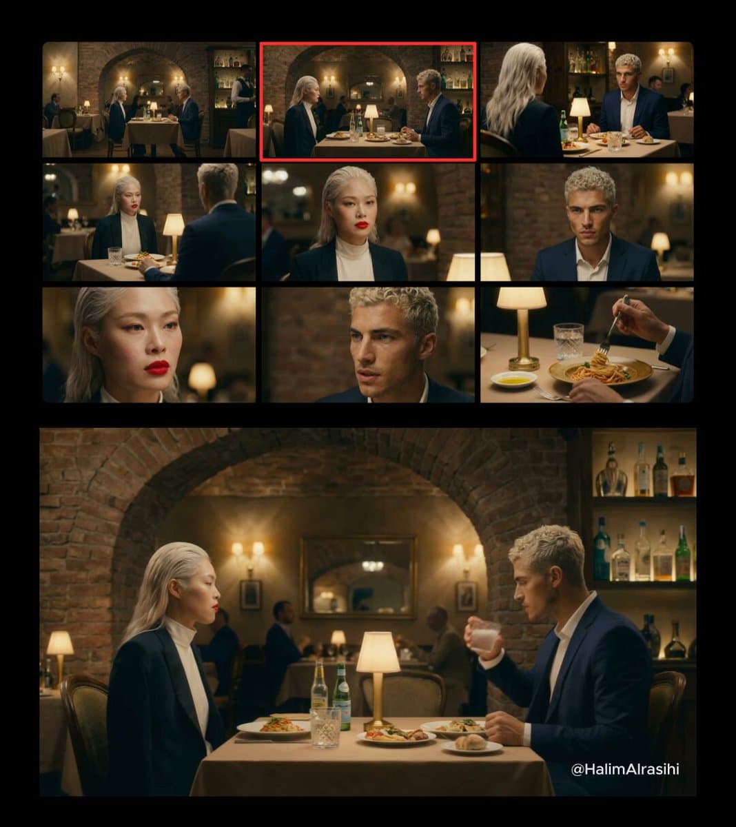 Elegant Models Dining in Upscale Restaurant - Fashion - Fashion Photography AI prompt