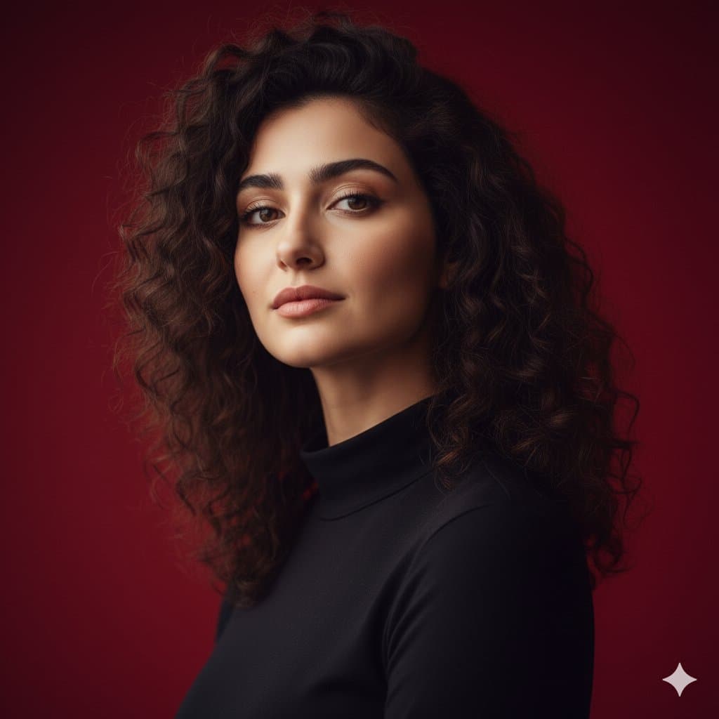 Photorealistic Portrait: Elegant Woman, Curly Hair, Turtleneck - Portrait Photography AI prompt