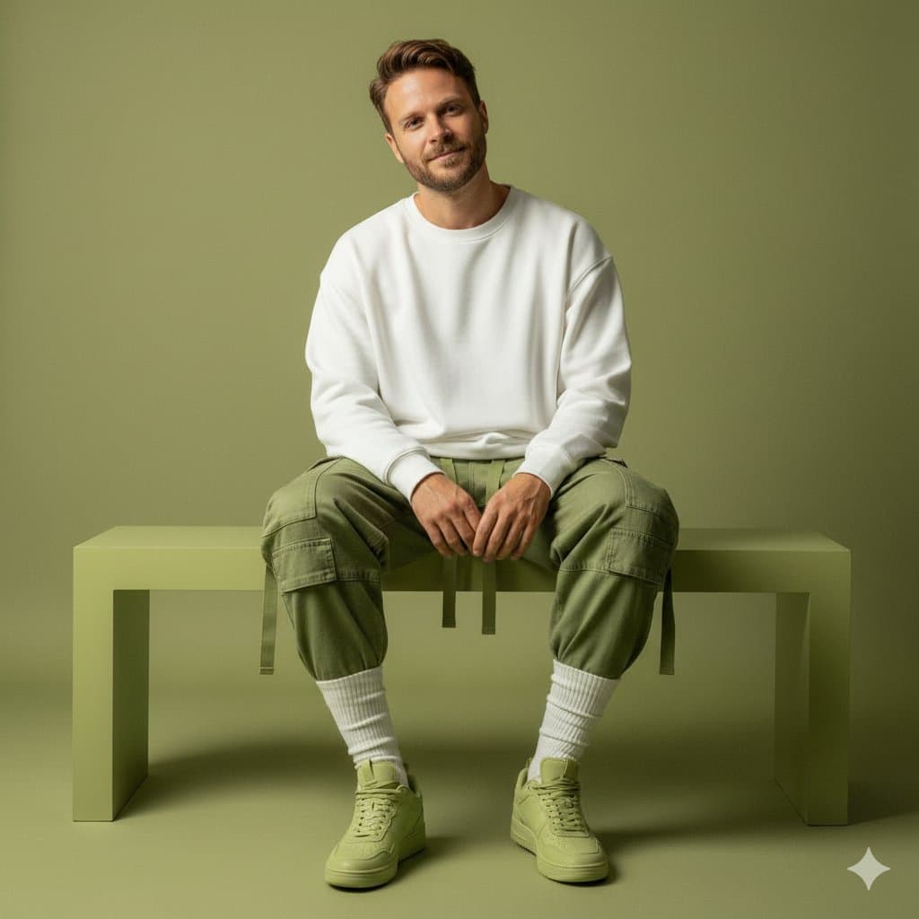 Men's Casual Fashion: Green Outfit & White Sweatshirt - Fashion Photography AI prompt