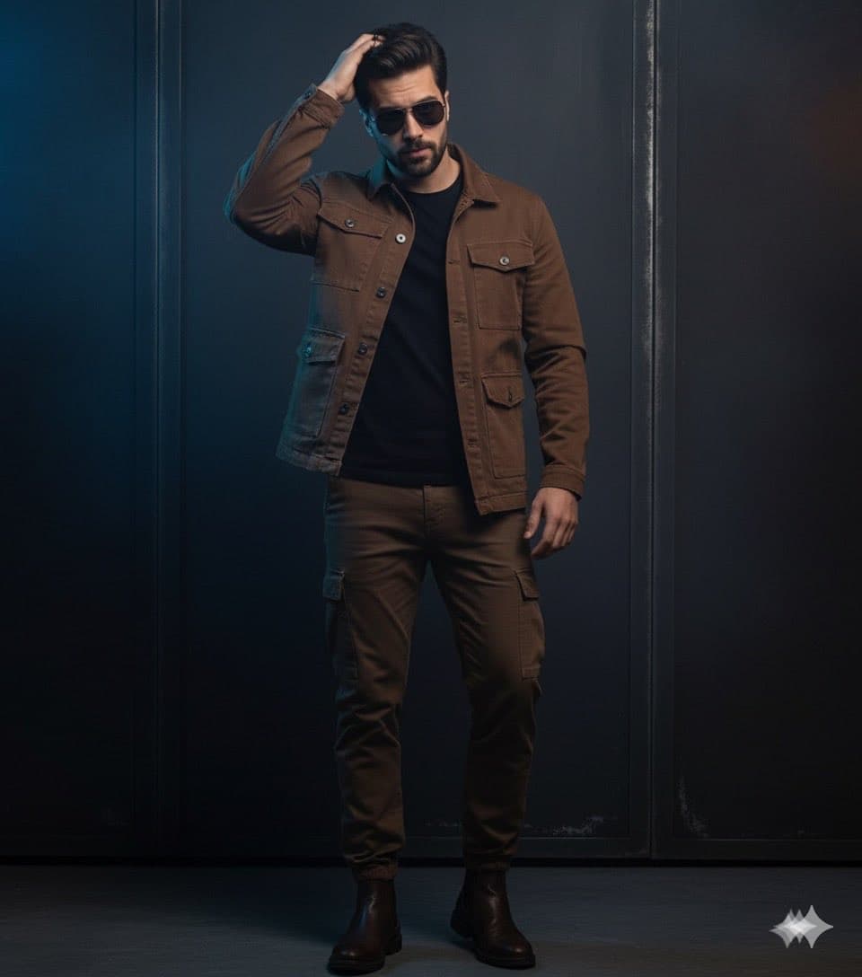 Stylish Man Fashion Photography: Brown Jacket, Cargo Pants - Fashion Photography AI prompt