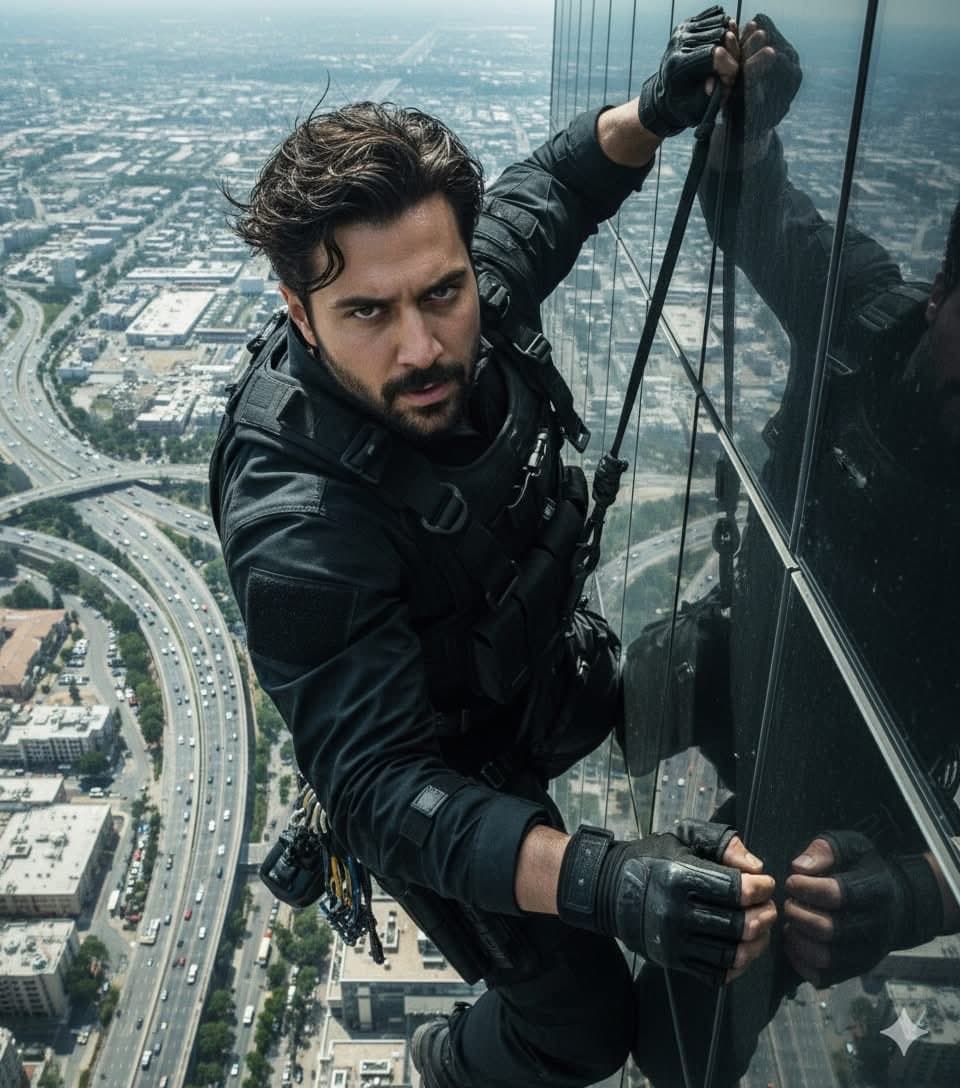 Man Climbing Skyscraper | Cinematic Action Scene | Urban View - Cinematic Posters AI prompt