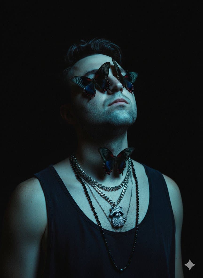 Mysterious Man Portrait with Butterflies & Raccoon Pendant - Portrait Photography AI prompt