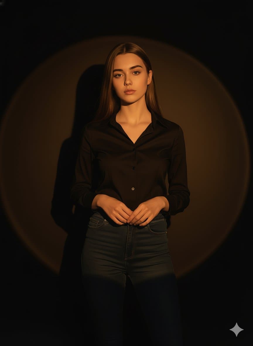 Photorealistic Portrait of Woman in Spotlight | Dramatic Lighting - Portrait Photography AI prompt