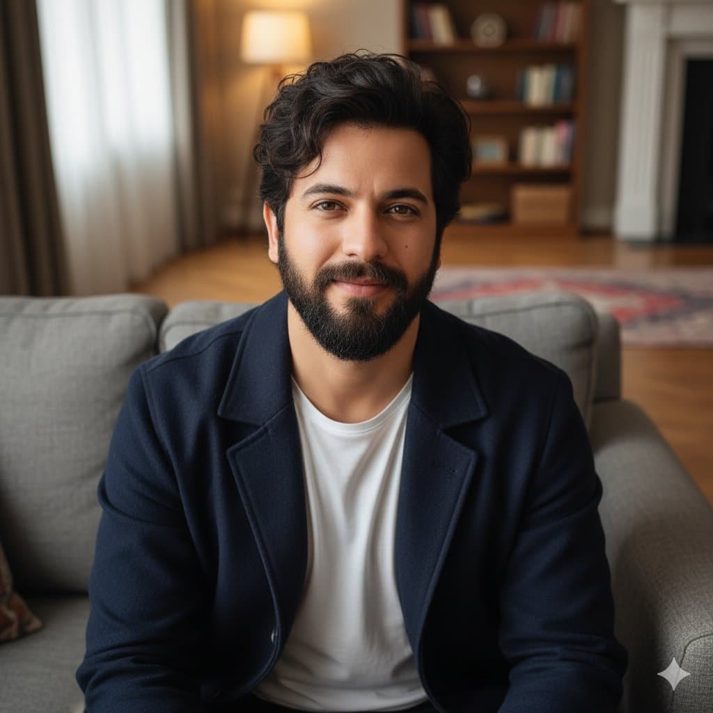 Confident Man Portrait, Beard, Sofa, Photorealistic Image - Portrait Photography AI prompt
