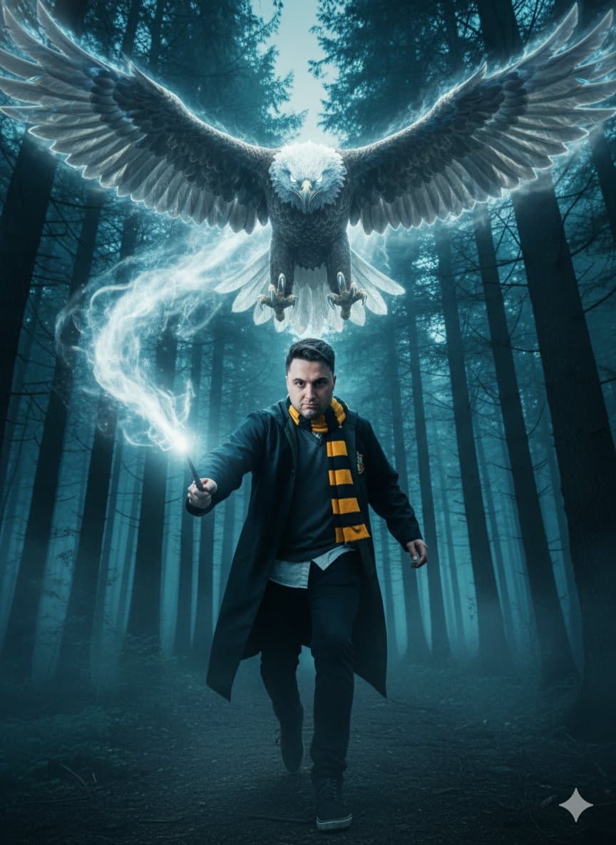 Wizard in Misty Forest with Glowing Eagle Patronus Magic - Fantasy Scifi AI prompt