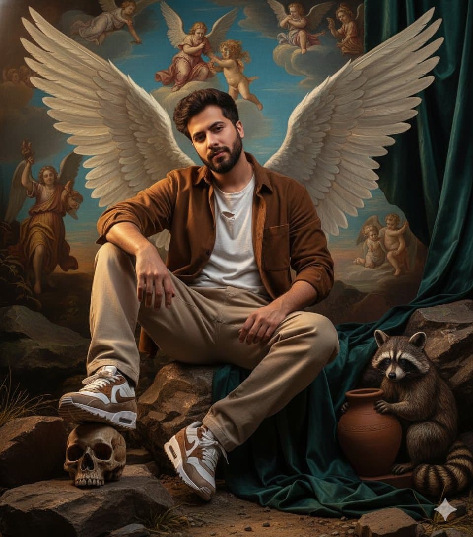 Photorealistic Portrait: Modern Man, Angel Wings, Renaissance - Portrait Photography AI prompt