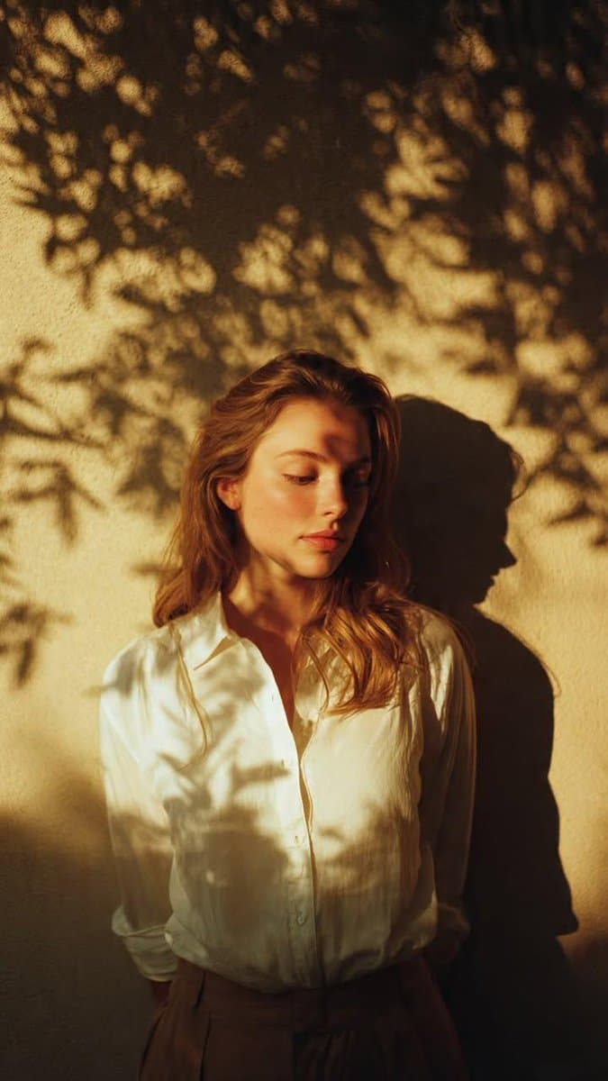 Serene Woman Portrait: Golden Hour, Natural Light, Shadows - Portrait Photography AI prompt