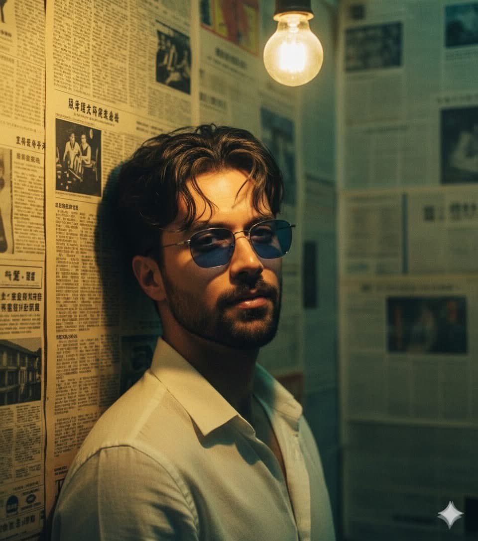 Moody Portrait: Man, Blue Sunglasses, Vintage Newspaper - Portrait Photography AI prompt