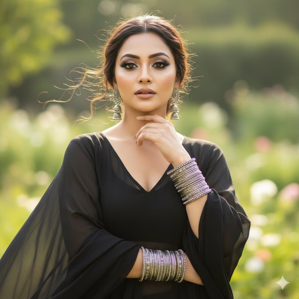 Elegant Indian Woman Portrait: Ethnic Fashion & Silver Jewelry - Fashion Photography AI prompt