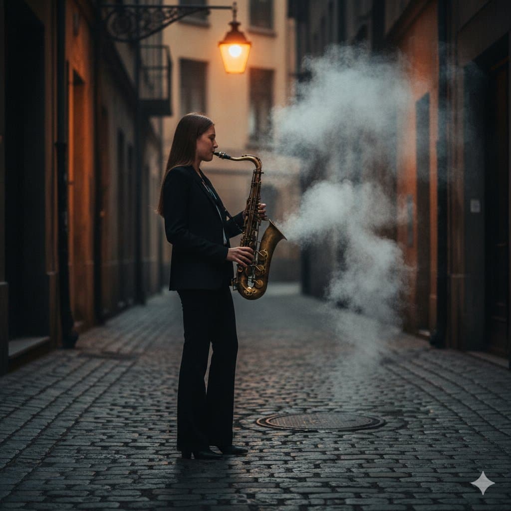 Woman Playing Saxophone in Dark, Smoky Alley - Cinematic - Portrait Photography AI prompt