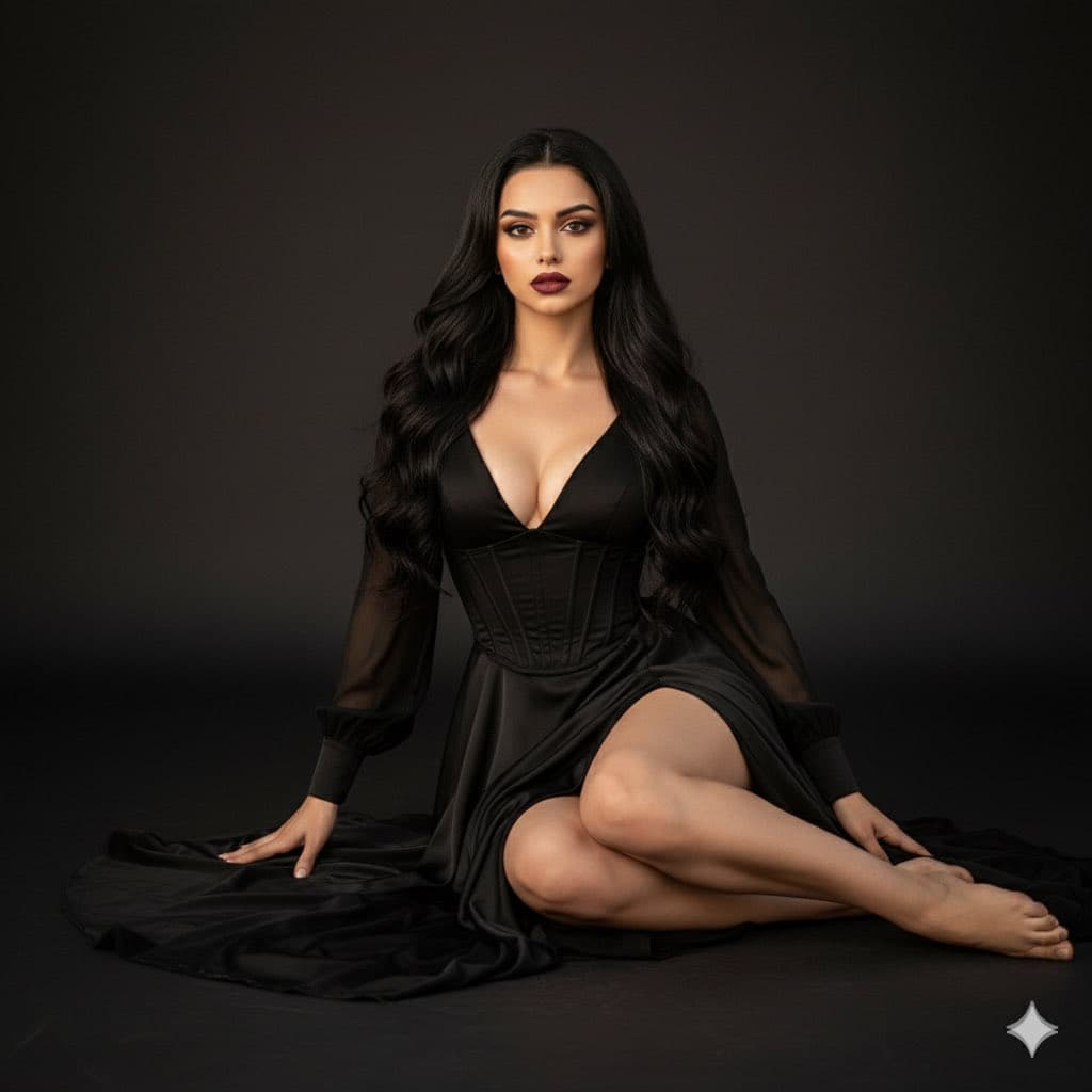 Elegant Woman in Black Dress: Dramatic Fashion Portrait - Fashion Photography AI prompt