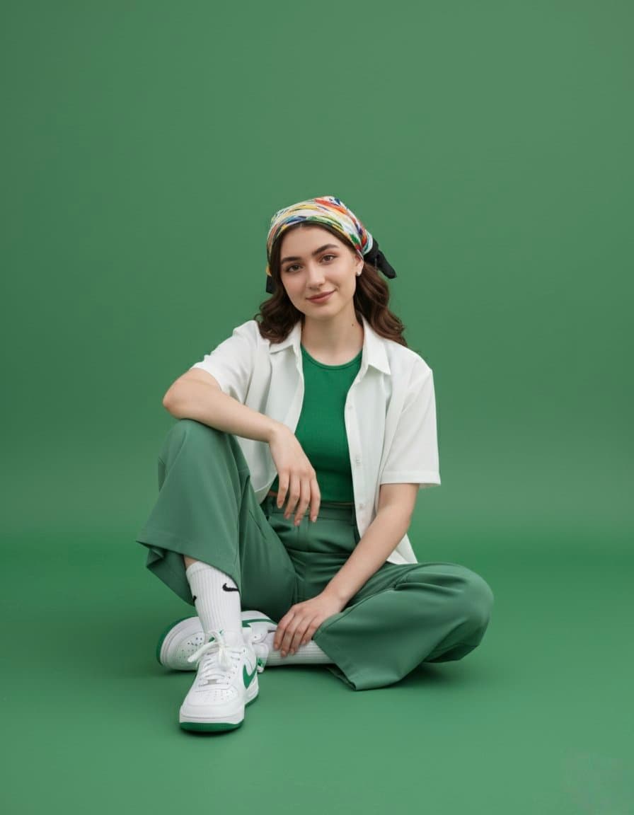 Cheerful Woman in Green Outfit: Studio Fashion Portrait - Portrait Photography AI prompt