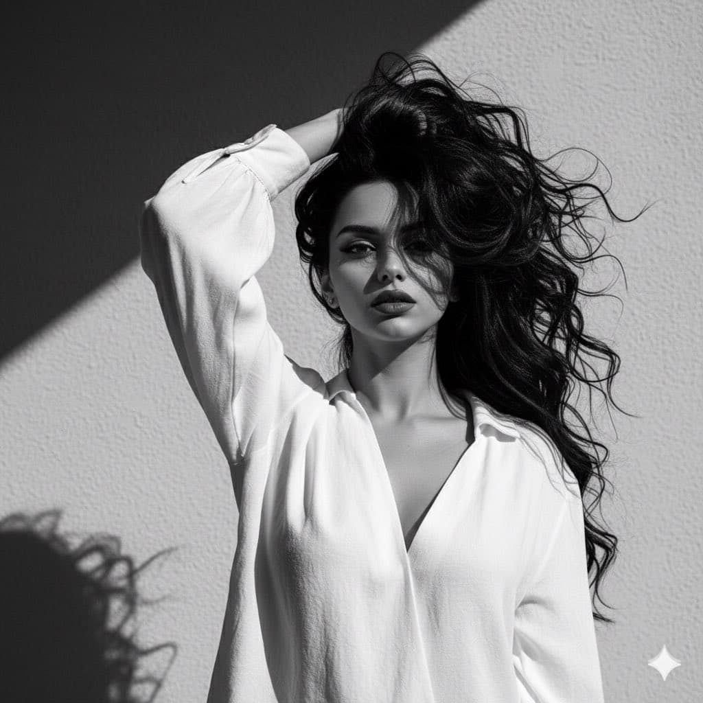 Dramatic Black and White Portrait of Woman with Long Hair - Portrait Photography AI prompt