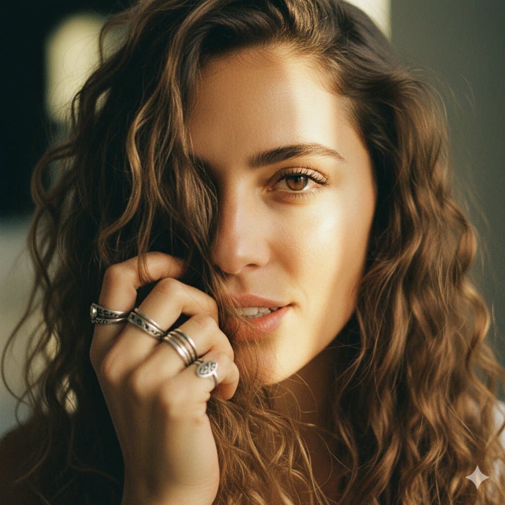 Woman Portrait: Curly Hair, Gentle Smile, Natural Light - Portrait Photography AI prompt
