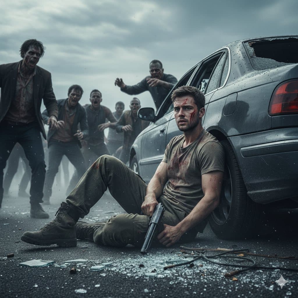 Intense Cinematic Zombie Apocalypse Survivor Scene - Cinematic Posters AI prompt