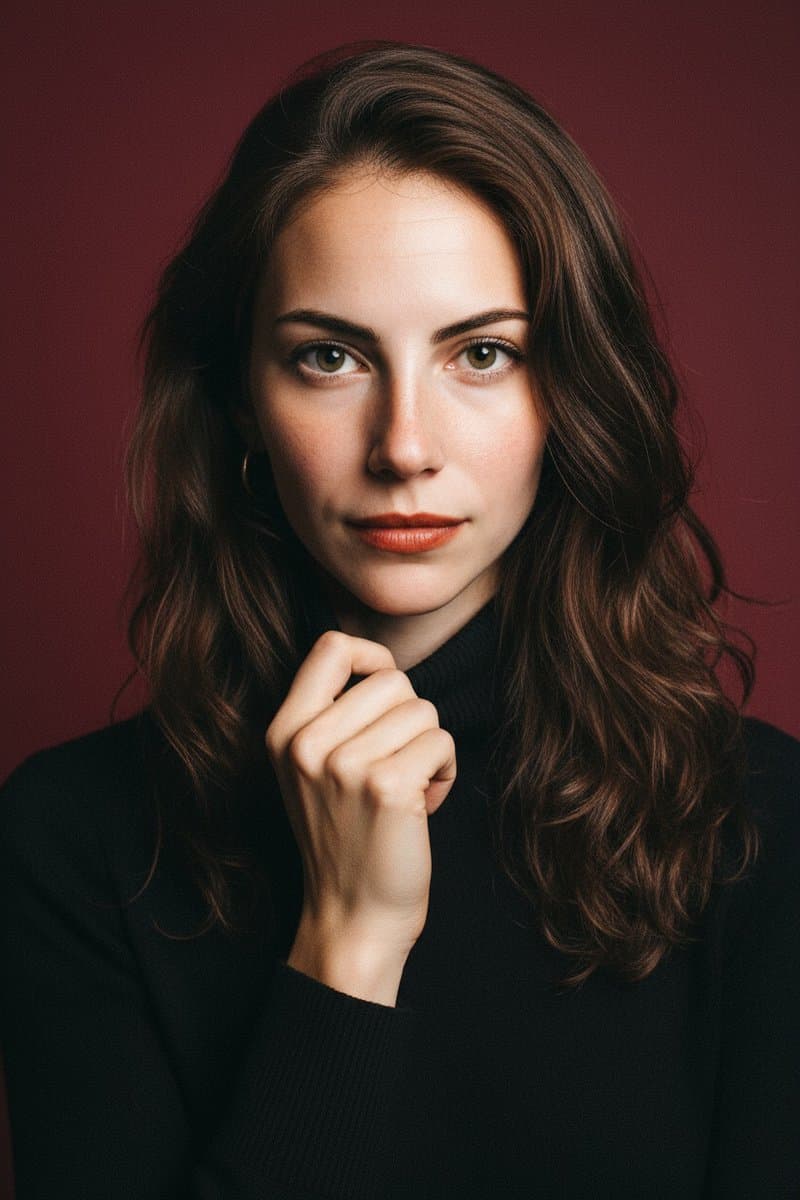 Elegant Woman Portrait: Dark Hair, Turtleneck, Direct Gaze - Portrait Photography AI prompt