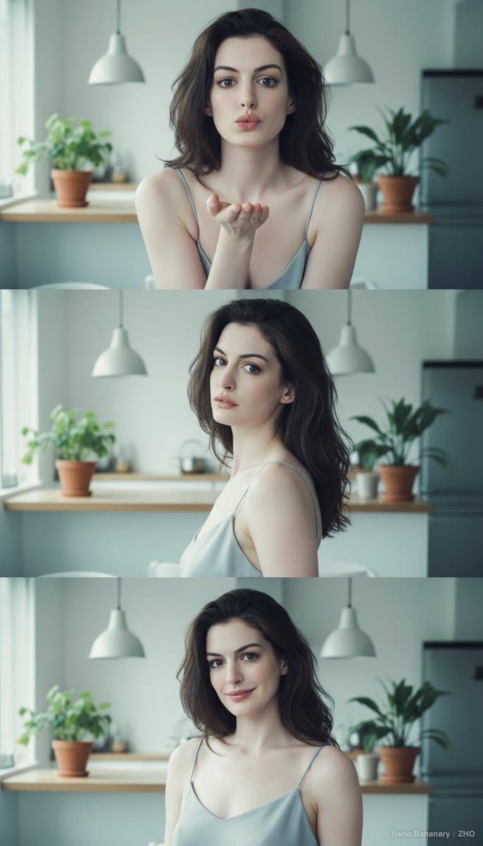 Anne Hathaway Casual Portrait in Bright Kitchen Setting - Portrait Photography AI prompt