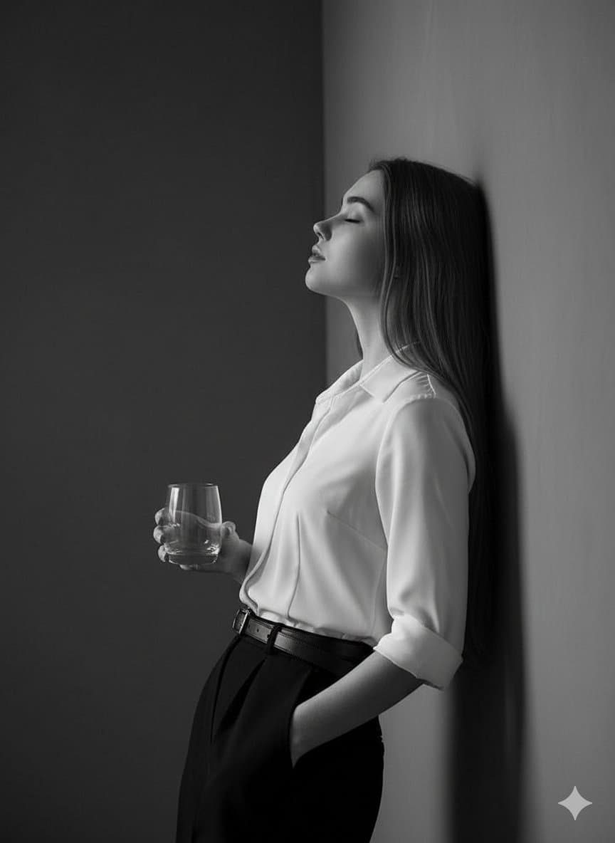 Black and White Portrait of Contemplative Woman - Portrait Photography AI prompt