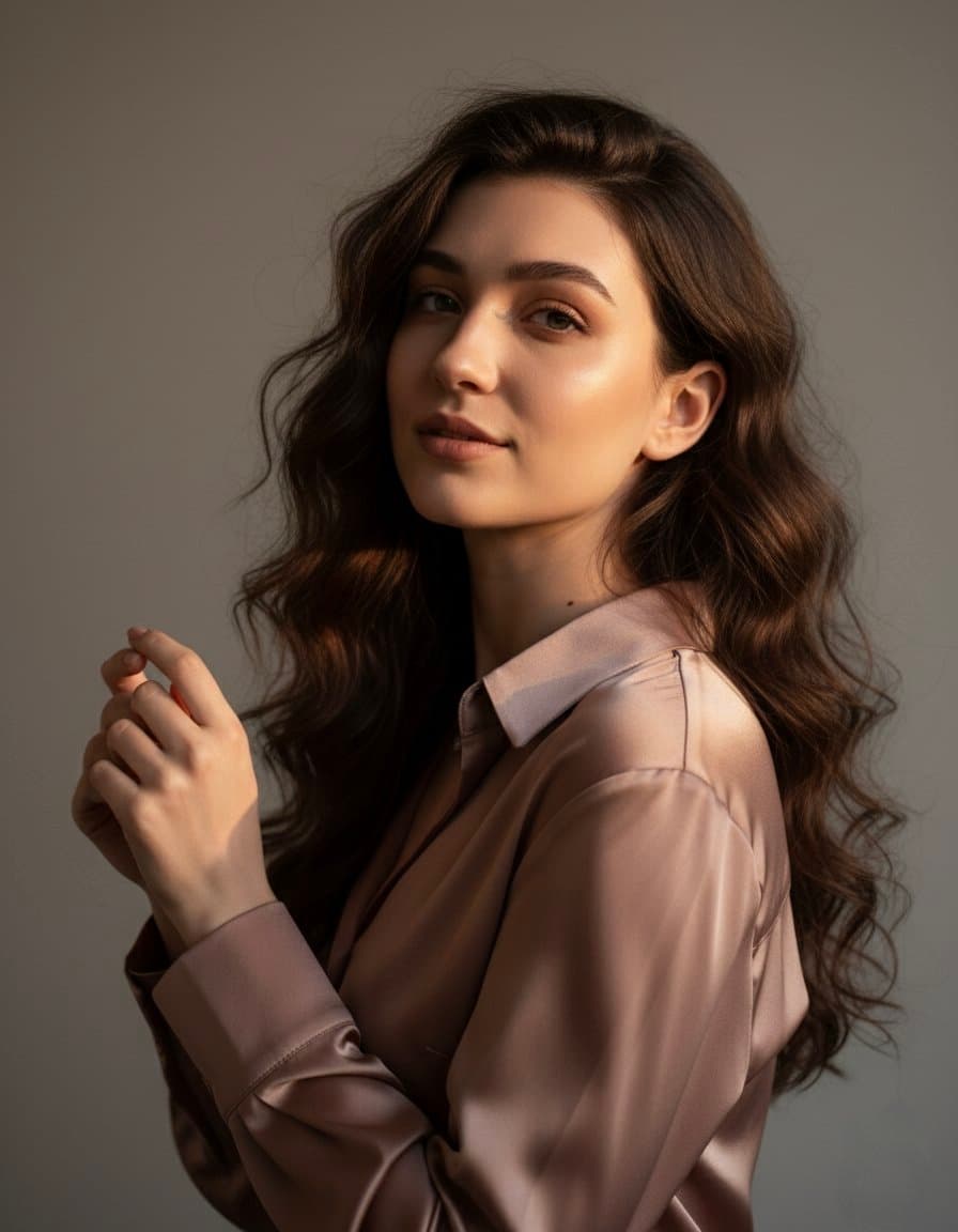 Photorealistic Portrait: Elegant Brunette Woman in Satin - Portrait Photography AI prompt