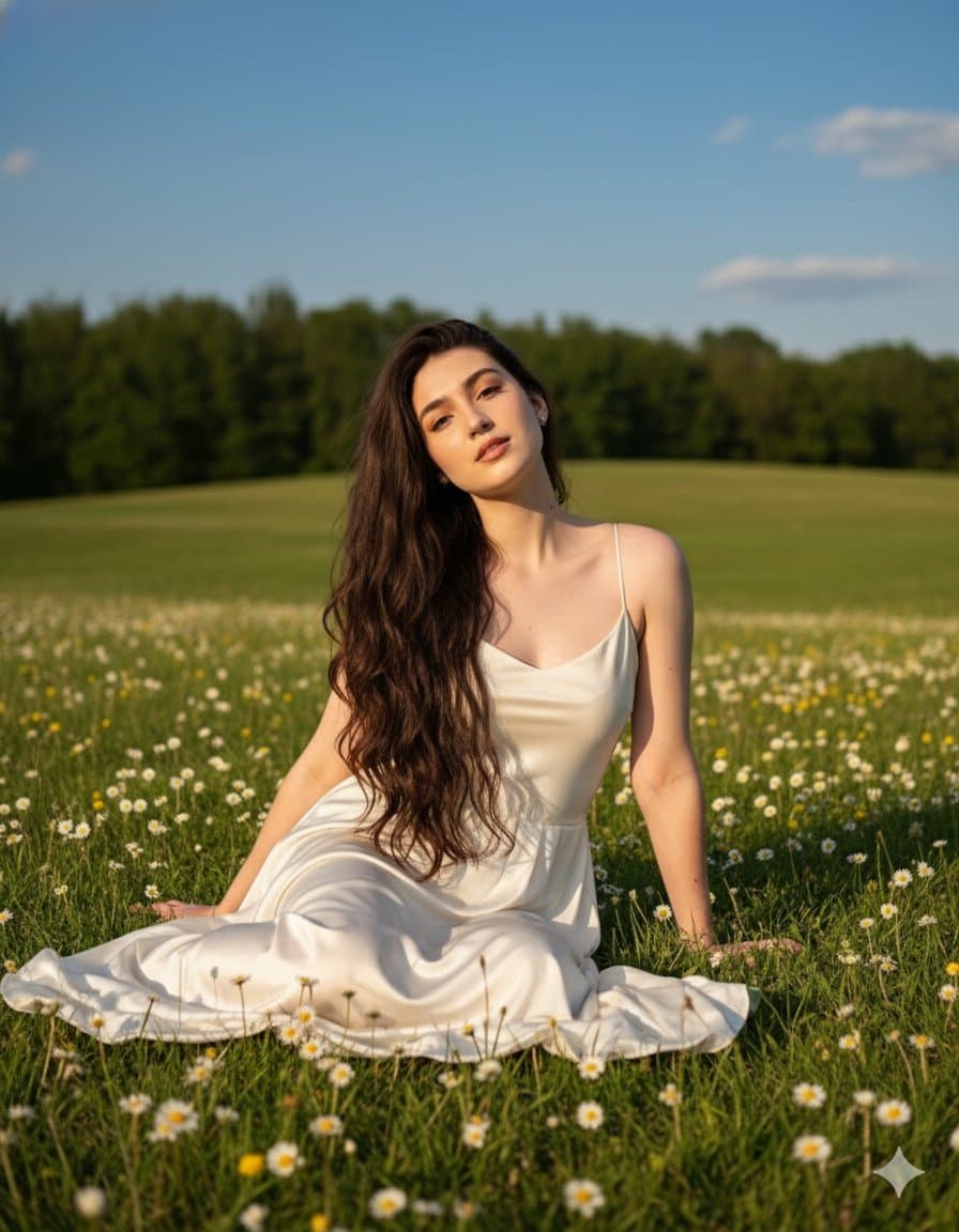 Serene Woman Portrait in Summer Flower Field Slip Dress - Portrait Photography AI prompt