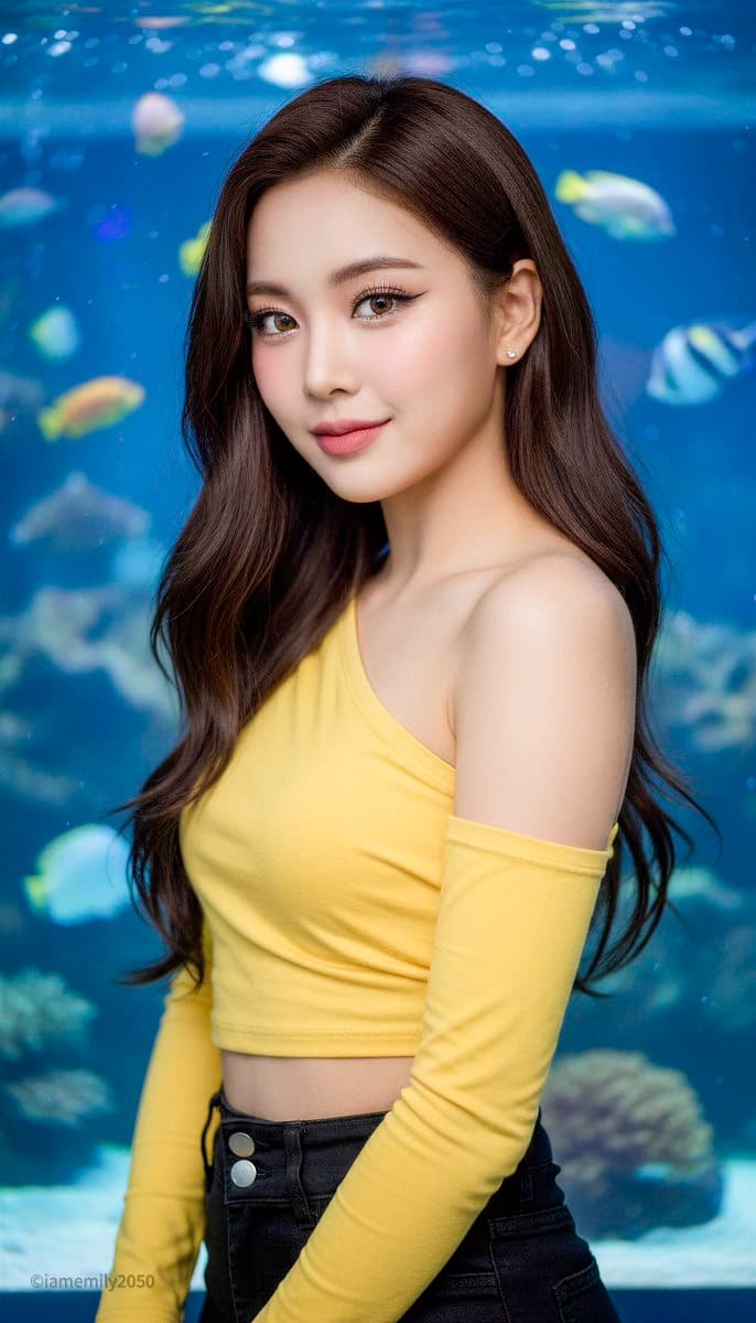 Photorealistic Portrait of Woman in Aquarium - Yellow Top - Portrait Photography AI prompt