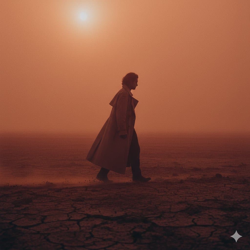 Cinematic Desert Walk: Solitary Figure in Orange Haze - Cinematic Posters AI prompt