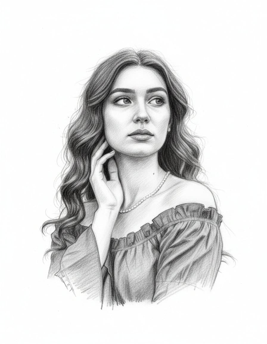 Classic Pencil Portrait of Elegant Woman with Pearl Necklace - Portrait Photography AI prompt